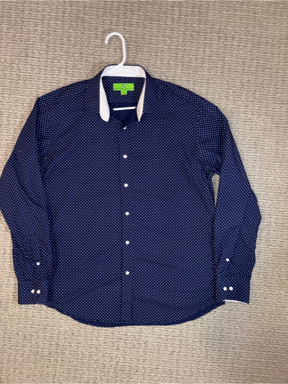 Men's Navy Dot Print Dress Shirt with White Contrast Collar - Size L - 16-16 1/2